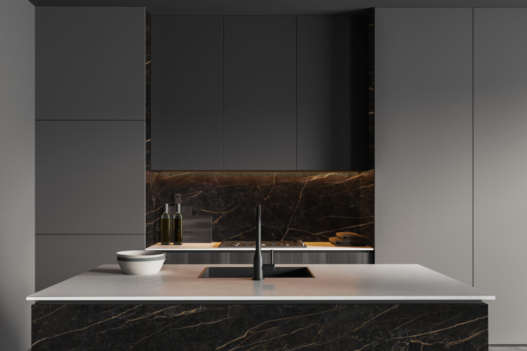 Dark kitchen interior with bar island, sink and stove. Kitchenware and towel on deck, shelf with backlight, front view. 3D rendering